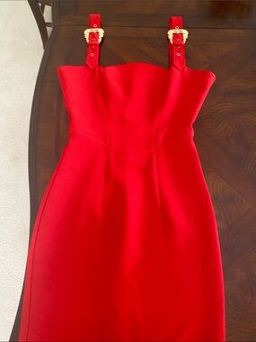 Versace Jeans Collection Red Midi Dress with Gold Buckle Straps